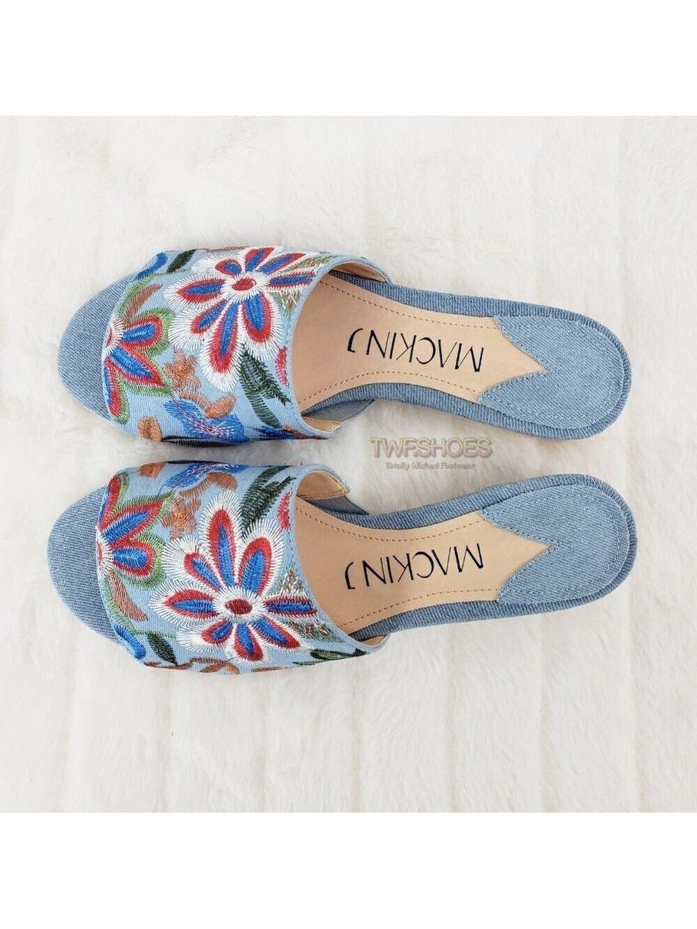 Flower Power Embroidered Denim slip on mule clogs Wood Wrap Heels 70's - Picture 6 of 10
